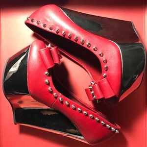 Red & Silver Spike Platform Wedge Heels